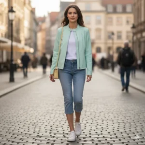 Image of a lightweight women's racer jacket in a pastel color, ideal for spring and fall wear.