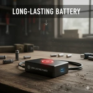 Photo of a compact, long-lasting battery pack specifically designed to power a heated work jacket for a full day.