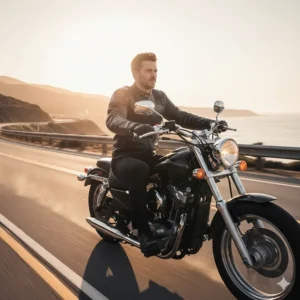 A man riding a cruiser, showcasing the fit and comfort of the motorcycle leather jacket for men while on the road.