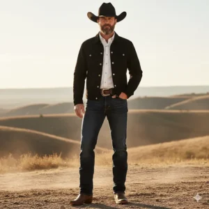 Full shot of a man successfully styling a black western jacket with jeans and cowboy boots as a complete outfit.