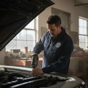 Illustration of an auto mechanic wearing a dark canvas jacket while working under the hood of a car.