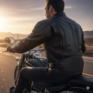 A rider wearing a protective biker leather jacket for men, showing off the reinforced shoulder and elbow armor.