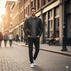 Men's leather jacket styled for casual urban wear, demonstrating versatility beyond just riding.