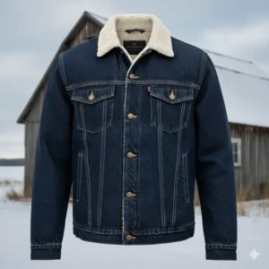 Full shot of a dark wash western winter jacket ideal for rugged outdoor wear.