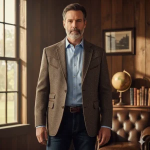 An elevated men's tweed western jacket or blazer, suitable for a smart-casual or contemporary cowboy look.
