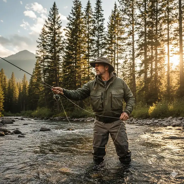 A man wearing a men's wading jacket standing in a river casting a fly line while fly fishing.