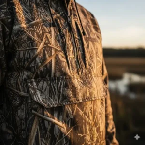 Close-up view of the durable, waterproof fabric on a men's camouflage waterfowl hunting jacket.