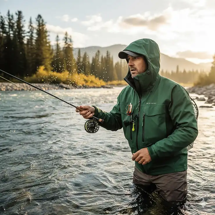 A man wearing a durable waterproof wading jacket stands in a river while fly fishing, showcasing the jacket's hood and high-cut design.