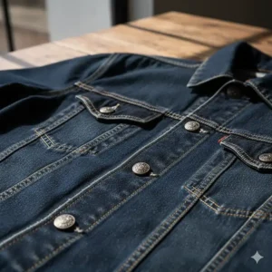 Close-up shot of the detailed stitching on a rugged men's western denim jacket with metal buttons.