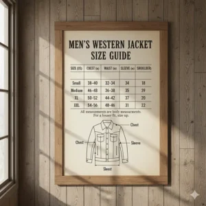An illustrative size chart and fit guide for selecting the right size of men's western jackets.