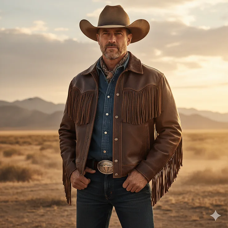 A striking image of a man wearing a classic men's western leather jacket with fringe, perfect for riding or casual wear. mens western jackets