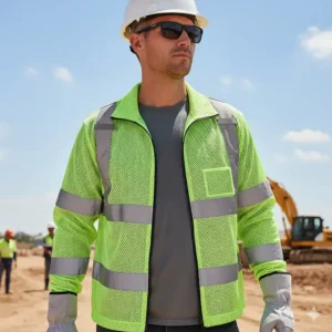 A lightweight mesh safety jacket, ideal for staying cool while maintaining high visibility during summer construction projects.