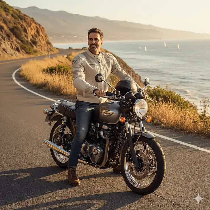 A rider enjoys a sunny day wearing a light-colored, breathable moto jacket summer mesh jacket that provides both safety and comfort on a cruiser motorcycle.
