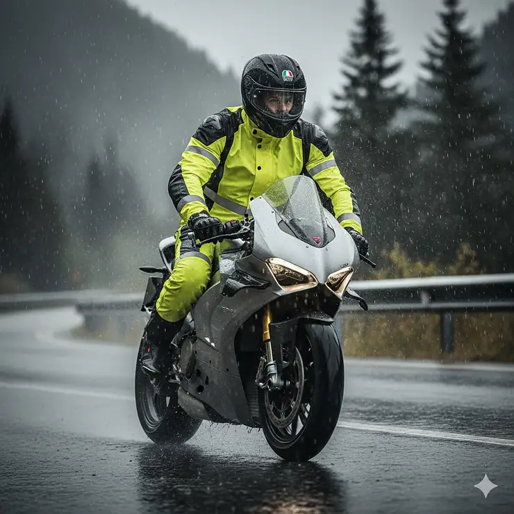 A rider on a sport bike wearing a brightly colored motorbike rain jacket and pants to stay dry in heavy downpour. motorbike rain jackets