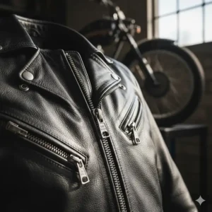 Detailed view of the heavy-duty, corrosion-resistant zippers on a motorcycle leather jacket, essential for durability.
