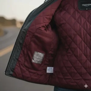 Interior shot of the ladies motorcycle leather jacket highlighting the comfortable, removable thermal lining for all-season riding.