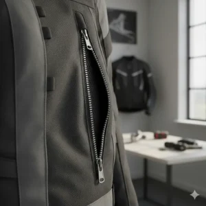 Detail shot of a zippered ventilation pocket on a high-performance women's motorcycle jacket.