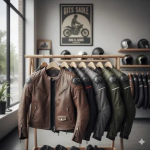 A retail display of various motorcycle jackets for women, showing different colors and fits.