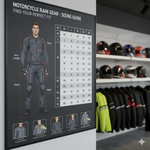 Sizing chart illustration showing how to properly measure for a comfortable and protective motorcycle rain gear fit.