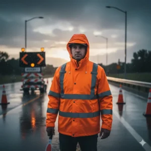 Full view of a different color option: a bright neon orange high vis rain jacket suitable for road work and traffic control.