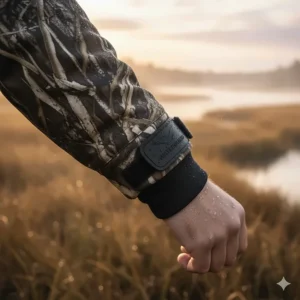 Close-up of the neoprene wrist cuffs and adjustable hood on a superior waterfowl jacket designed for water resistance.