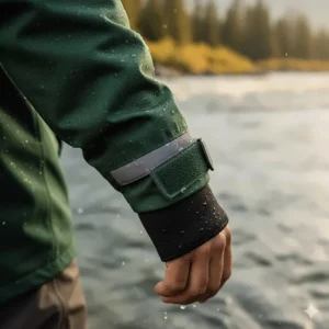 Detail shot of the adjustable, sealed neoprene cuffs on the waterproof wading jacket to prevent water from running up the sleeve.