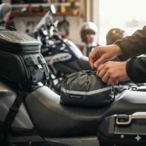 A lightweight, packable motorbike rain jacket neatly folded and stored in its compact carry bag for easy storage on the bike.