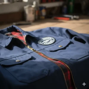 Vector drawing highlighting the utility and placement of the front patch pockets on a traditional mechanic jacket.