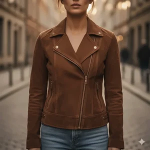 A luxurious brown suede racer jacket for women, featuring snap-button cuffs and a slim fit.