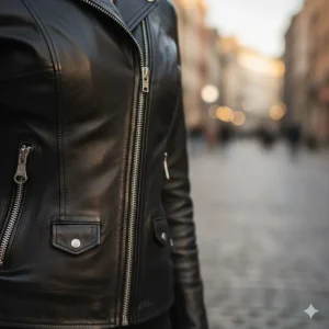 Close-up of the racer jacket women's side zipper detail and fitted waistline.