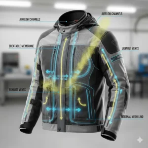 Diagram highlighting the strategic venting and breathable lining in a premium rain jacket to prevent sweat buildup.