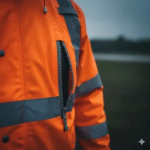 Waterproof zipper and sealed pockets feature on the high vis rain jacket to keep essential tools and personal items dry.