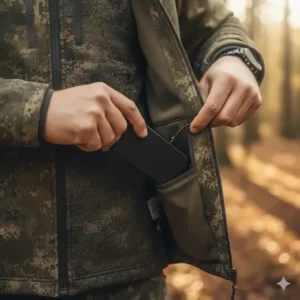 Rechargeable lithium-ion battery pack for a heated jacket, being securely inserted into its dedicated internal pocket.