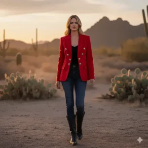 A bright red western style jacket cut like a blazer with sharp lapels and silver buttons.