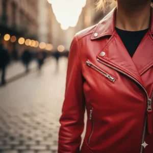 Detailed view of a vibrant red women's racer jacket made from soft lambskin leather.