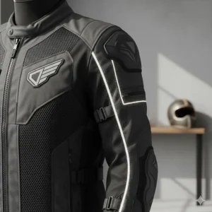Close-up of reflective piping to enhance night visibility on a touring motorcycle jacket.