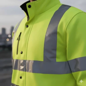 Close-up view of the reflective strips on a fluorescent yellow safety jacket, designed to increase nighttime visibility.