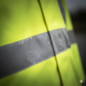 Close-up of the high vis rain jacket showing the reflective silver stripes that enhance visibility in low-light conditions.