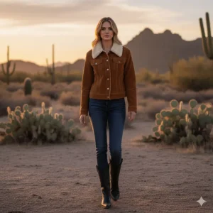 A cozy corduroy women's jacket with a warm shearling collar, inspired by western ranch wear.