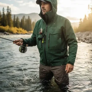 Illustration highlighting the signature short-cut length of the wading jacket to avoid submersion when fishing in deep water.