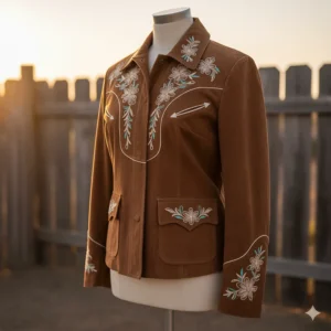 High-quality image of a soft brown suede women's western jacket featuring decorative stitching.