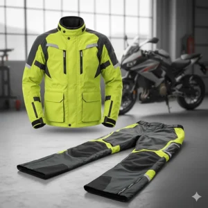 Display of a complete two-piece motorbike rain suit—separate jacket and trousers—for flexible weather protection.