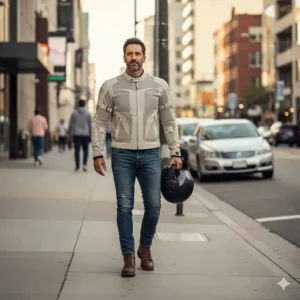 An urban commuter wearing a protective moto jacket summer that provides airflow and looks appropriate for walking around the city after a ride.