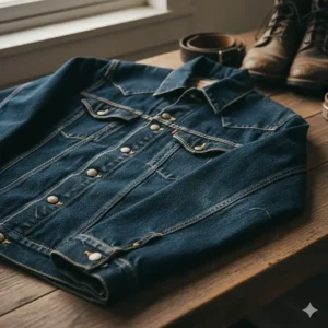 Close-up of a vintage western jacket made from dark-wash denim.