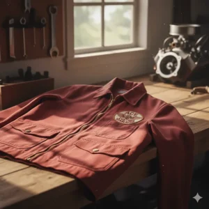 Graphic illustration of a vintage red mechanic jacket featuring an embroidered company logo patch above the chest pocket.