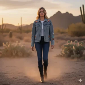 Vintage women's fit jean jacket with rustic patches, highlighting the authentic western aesthetic.