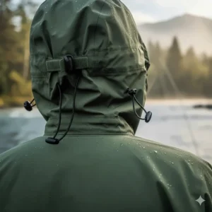 Close-up of the adjustable storm hood on the lightweight wading jacket.