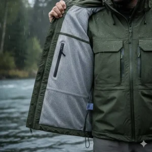Interior view of the wading jacket highlighting the comfortable, breathable mesh lining.