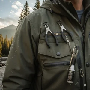 Close-up of the integrated D-rings and tool attachment points on the chest of a wading jacket for necessary fishing accessories.