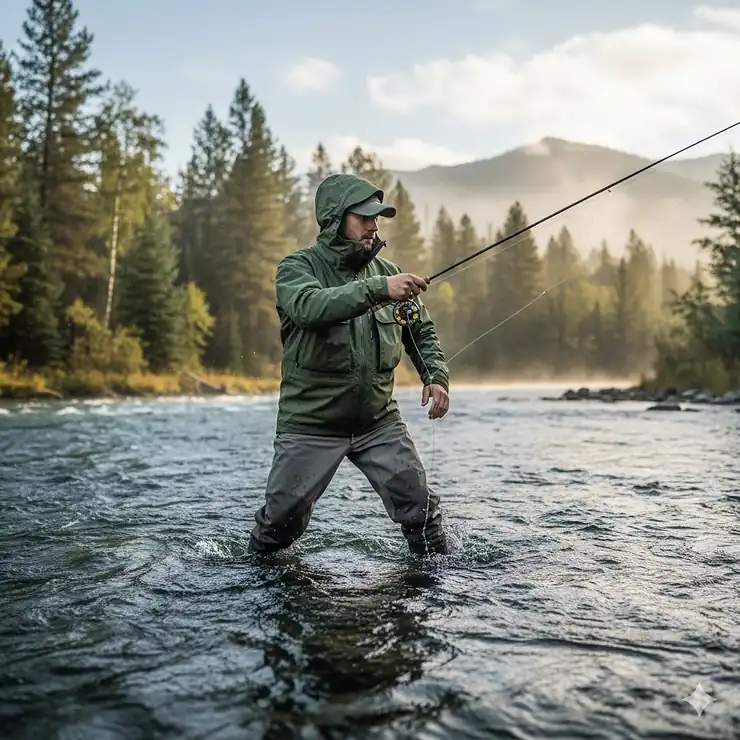 Fly fisherman wearing a durable, waterproof wading jacket while casting in a river.